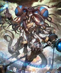  bracelet clawed_feet closed_mouth colored_skin commentary_request company_name copyright_notice cygames extra_arms fingernails god_of_curses_(shadowverse) gold_bracelet hammer hand_up highres holding holding_hammer jewelry long_fingernails monster monster_focus no_eyes no_humans official_art runes salute shadowverse solo tail tendrils_from_back two-finger_salute white_skin xui_ton 
