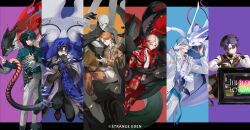  6+boys aqua_eyes aqua_hair beret black_pants blazer blonde_hair blue_hair blue_shirt brown_jacket brown_pants cardigan claws collared_shirt copyright_name copyright_notice covering_another's_eye creature detached_sleeves disembodied_hand extra_arms extra_hands eye_contact glasses green_eyes grey_pants hand_on_another's_chest hand_on_another's_head hands_on_another's_face hat highres hood hoodie hooves interlocked_fingers interspecies jacket jacket_tucked_in jin_feiran_(strange_eden) lab_coat layered_clothes layered_sleeves leaning long_sleeves looking_at_another looking_at_viewer luka_(strange_eden) luka_(strange_eden)_(echo_form) male_focus mayoru_(strange_eden) mole mole_under_eye monster multicolored_hair multiple_boys necktie official_art orange_hair oujin_(strange_eden) oujin_(strange_eden)_(echo_form) pants pants_tucked_in patterned_clothing pink_eyes plaid_clothes ponytail priest promotional_art purple_hair red_eyes red_jacket red_necktie red_pants rin_(strange_eden) rin_(strange_eden)_(echo_form) shirt short_hair short_ponytail shuichiro_itsuki_(strange_eden) sitting sitting_on_hand slit_pupils song_name squatting standing strange_eden tachibana_kosei_(strange_eden) tail television third-party_source tiger_tail turtleneck two-tone_hair uzuki_hinata_(strange_eden) white_cardigan yao_(strange_eden) yao_(strange_eden)_(echo_form) yellow_eyes yurano_michitaka_(strange_eden) yurano_senri_(strange_eden) yurano_senri_(strange_eden)_(echo_form) 