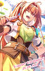  1girl antenna_hair armor bo_staff commentary_request cropped_jacket eiyuu_densetsu estelle_bright fingerless_gloves gloves hair_intakes happy_birthday highres holding holding_staff long_hair one_eye_closed open_mouth orange_skirt pauldrons red_eyes shoulder_armor simple_background single_pauldron skirt sora_no_kiseki sora_no_kiseki_sc staff tinybiard twintails 
