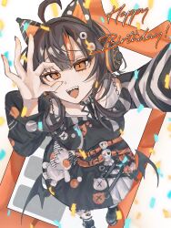  1girl ahoge animal_ear_headphones animal_ears arm_belt asymmetrical_legwear asymmetrical_sleeves bandaid bandaid_on_leg bare_shoulders bat_wings belt belt_collar black_choker black_hair black_nails black_shoes black_sweater cat_ear_headphones cat_ears cellphone choker collar commentary_request confetti cross-laced_clothes cross-laced_dress dress eyeball_hair_ornament fake_animal_ears foreshortening from_above full_body happy_birthday headphones highres layered_dress leg_belt long_sleeves looking_at_viewer loose_socks mahou_shoujo_no_majo_saiban multicolored_hair nail_polish off-shoulder_sweater off_shoulder ok_sign ok_sign_over_eye orange_eyes orange_nails orange_streaks phone raira_ra11 sawatari_coco selfie shirt shoes short_hair single_thighhigh skirt skull smartphone socks solo streaked_hair striped_clothes striped_sleeves striped_thighhighs stuffed_animal stuffed_cat stuffed_toy sweater thigh-highs white_background white_shirt white_skirt wings 