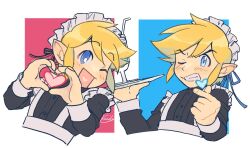  2boys :d apron black_dress blonde_hair blue_background blue_eyes blue_ribbon border clenched_teeth cocktail_glass commentary_request crossdressing crossdressing_(mtf) cup dress drinking_glass ek_loz frilled_apron frills hair_ribbon heart heart_hands holding holding_plate light_blush link maid maid_apron maid_headdress multiple_boys one_eye_closed plate pointy_ears red_background red_ribbon ribbon short_hair sidelocks signature smile teeth the_legend_of_zelda the_legend_of_zelda:_four_swords the_legend_of_zelda:_four_swords_adventures upper_body white_border 