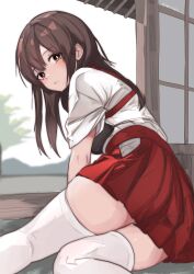  1girl akagi_(kancolle) brown_eyes brown_hair commentary_request feet_out_of_frame from_behind hakama hakama_skirt highres japanese_clothes kantai_collection kimono long_hair looking_at_viewer miron_(mirona33) muneate red_hakama red_skirt sitting skirt sliding_doors solo tasuki thigh-highs veranda white_kimono white_thighhighs yokozuwari 