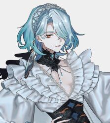  1boy androgynous black_collar black_corset blue_gem blue_nails call_of_cthulhu cape collar commentary_request corset curtained_hair eyes_visible_through_hair frilled_shirt frills gem genkai_otaku_ya hair_ornament hair_over_one_eye hand_on_own_hip highres insect_wings lace_collar laplace_no_quarters looking_at_viewer male_focus medium_hair moth_wings mullet nail_polish orange_gem orange_hair parted_lips pearl_hairband plunging_neckline shirt simple_background smile solo upper_body white_background white_cape white_shirt wing_hair_ornament wings 