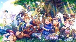  4girls 6+boys absurdres ai_(digimon_tamers) akiyama_ryo animal_ears antennae bandana bandana_around_neck belt black_eyes black_hair black_sclera blue_eyes blue_hair blue_hoodie blush_stickers body_fur bread brother_and_sister brown_eyes brown_fur brown_hair claws closed_eyes closed_mouth clouds cloudy_sky colored_sclera commentary_request culumon dappled_sunlight demon_tail denim digimon digimon_(creature) digimon_on_head digimon_tamers digital_hazard dinosaur dragon dress eating english_text everyone facial_mark floppy_ears food food_on_face fox_ears fox_girl fox_tail furry furry_female glasses gloves goggles goggles_on_head grass green_dress green_eyes green_fur group_picture guardromon guilmon hanging hayashida_chiyo heart heart_print highres holding holding_food holding_toy_gun holy_ring hood hoodie horns impmon in_tree jeans katou_juri kitagawa_kenta laughing lee_jianliang lee_shaochung light_rays lop_rabbit_ears lopmon makino_ruki makoto_(digimon_tamers) marinangemon matsuda_takato messy_eater monodramon multiple_boys multiple_girls multiple_horns neck_fur neck_tuft non-humanoid_robot on_ground open_mouth orange_vest outdoors pants picnic picnic_basket pink_fur pink_wings ponytail purple_sleeves rabbit_ears red_bandana red_gloves renamon robot sharp_teeth shiota_hirokazu shirt short_hair short_twintails siblings single_horn sitting sitting_in_tree sitting_on_branch sky sleeping smile socks solid_eyes spiky_hair sunbeam sunlight tail teeth terriermon toy_gun tree twintails two-tone_fur vest visor_cap white_fur wings wristband yellow_eyes yellow_fur yellow_socks 