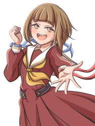  2girls alternate_hair_length_(shorter) blue_ribbon bob_cut brown_dress center-flap_bangs commentary_request cowboy_shot dress ganbarai hasu_no_sora_school_uniform inverted_bob kachimachi_kosuzu long_sleeves love_live! love_live!_hasu_no_sora_jogakuin_school_idol_club multiple_girls neckerchief official_alternate_hairstyle outstretched_arm pleated_dress red_ribbon ribbon sailor_collar sailor_dress school_uniform short_hair simple_background virtual_youtuber white_sailor_collar winter_uniform wrist_ribbon yellow_neckerchief 
