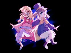  2girls :| a_hat_in_time ankle_boots belt black_background blonde_facial_hair blonde_hair blue_eyes boots brown_boots brown_hair cape child closed_mouth commentary dress english_commentary facial_hair green_shoes hair_tie hat hat_kid hat_ribbon highres hood hood_down hooded_cape jacket locked_arms long_hair long_sleeves looking_at_another looking_at_viewer looking_to_the_side medallion medium_hair multiple_girls mustache mustache_girl oliziii one_eye_closed open_hand pants pink_dress ponytail purple_belt purple_hat purple_jacket purple_pants red_cape ribbon shoes sidelocks signature smirk star_(symbol) top_hat white_pants yellow_cape yellow_eyes yellow_ribbon zipper zipper_pull_tab 