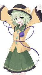  1girl absurdres b3l_rinrin black_hat bow buttons closed_mouth collared_shirt commentary_request diamond_button disembodied_linked_eye eyeball floral_print frilled_shirt_collar frilled_skirt frilled_sleeves frills green_eyes green_hair green_skirt hat hat_bow heart heart_of_string highres komeiji_koishi long_sleeves looking_at_viewer medium_hair open_mouth print_skirt rose_print shirt simple_background skirt smile solo touhou variant_set white_background wide_sleeves yellow_bow yellow_shirt 