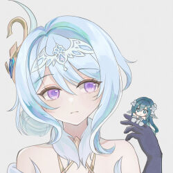  2girls bare_shoulders black_gloves blue_hair blush closed_mouth commentary flower genshin_impact gloves green_hair hair_between_eyes hair_flower hair_ornament highres holding holding_mini_person hotorina long_hair medium_hair mini_person minigirl multiple_girls odette_(genshin_impact) simple_background untranslatable_commentary violet_eyes vodyanitsa_(genshin_impact) white_background white_flower 