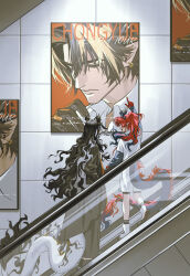  2boys absurdres arknights black_hair black_hands black_pants black_robe blonde_streaks brothers brown_hair chongyue_(arknights) colored_extremities commentary curtained_hair dragon_boy dragon_horns dragon_tail earrings eastern_dragon_horns eastern_dragon_tail escalator facing_away fan_mu_zhang from_behind full_body fur-tipped_tail gradient_hair half-closed_eyes highres horns jewelry layered_sleeves long_hair long_sleeves male_focus multicolored_hair multiple_boys pants pointing pointy_ears ponytail portrait_(object) poster_(object) red_hair robe shirt short_over_long_sleeves short_sleeves siblings streaked_hair tail thick_tail two-tone_hair untranslatable_commentary very_long_tail wang_(arknights) white_hair white_shirt yu_(arknights) 