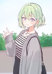  1girl absurdres bag black_bag black_skirt blurry blurry_background blush cardigan closed_mouth commentary_request cowboy_shot daltokki34 depth_of_field earrings from_side green_eyes green_hair grey_cardigan highres jewelry korean_commentary long_sleeves looking_at_viewer looking_to_the_side multicolored_eyes multicolored_hair necklace open_cardigan open_clothes pink_pupils shirt short_hair shoulder_bag skirt sleeves_past_wrists smile solo standing stellive streaked_hair striped_clothes striped_shirt stud_earrings turning_head two-tone_eyes violet_eyes virtual_youtuber white_shirt white_streaks yuzuha_riko 