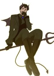  1boy amused bertolt_hoover black_boots black_gloves black_hair bolo_tie boots demon_horns demon_tail demon_wings full_body gloves green_eyes green_jacket green_pants highres horns jacket looking_at_viewer male_focus necktie pants pitchfork shingeki_no_kyojin short_hair simple_background sitting smirk tail u7016903054990u wings 
