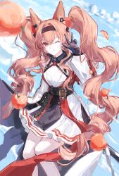  1girl absurdres angelina_(arknights) angelina_the_mellow_wish_(arknights) animal_ear_fluff animal_ears arknights black_collar black_gloves black_hairband brown_hair chinese_commentary collar commentary_request day detached_sleeves dress earpiece feet_out_of_frame food fox_ears fox_girl fruit gloves hair_between_eyes hairband hand_up highres infection_monitor_(arknights) long_hair long_sleeves looking_at_viewer multicolored_hairband one_eye_closed orange_(fruit) outdoors sky smile solo staff_riding twintails two-tone_hairband very_long_hair w white_dress yu_yunqing 