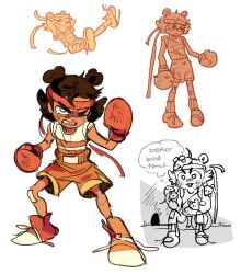  1girl animal animal_on_head boxing_gloves brown_hair commentary crying deltarune double_bun english_commentary english_text freckles hair_bun headband holding holding_animal humanization mouse_(animal) mouse_hole multiple_views on_head orange_(deltarune) orange_headband orange_shoes orange_shorts shirt shoes short_hair shorts sitting sneakers speech_bubble striped_clothes striped_shirt sunnyirry thick_eyebrows thought_bubble utdr_(toby_fox) white_shirt 