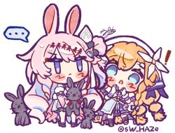  ! ... 2girls animal animal_ears aqua_eyes blue_eyes blue_hair blush braid chibi chibi_only closed_mouth colored_inner_hair commentary_request denia_(wuthering_waves) dress gloves hands_up holding holding_animal jacket kemonomimi_mode korean_commentary long_hair looking_at_animal looking_at_another mole multicolored_hair multiple_girls open_mouth orange_hair pink_hair purple_jacket rabbit rabbit_ears signature sigrika_(wuthering_waves) spoken_ellipsis sw_haze twitter_username white_dress white_gloves wuthering_waves 
