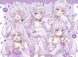  >_< 1girl :p absurdres annoyed bird_hair_ornament blowing blue_eyes coffee_mug commission controller cup d: dress dx elia_stellaria feathered_wings frustrated fur-trimmed_dress fur-trimmed_jacket fur-trimmed_sleeves fur_trim game_controller hair_ornament hairband hand_on_own_face highres holding holding_stuffed_toy indie_virtual_youtuber jacket keseranpasaraa loungewear mug multicolored_eyes multiple_expressions multiple_views musical_note one_eye_closed pink_eyes pink_hair pink_wings pointy_ears puckered_lips purple_background second-party_source skeb_commission sleeves_past_wrists speech_bubble star_(symbol) strap_slip stuffed_animal stuffed_bird stuffed_toy tongue tongue_out two-tone_eyes wings yawning 