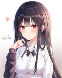  1girl absurdres artist_name black_bow black_bowtie black_hair black_nails blunt_bangs blush bow bowtie breasts button_gap buttons cc_lin chinese_commentary closed_mouth collared_shirt commentary_request dress_shirt earrings eyelashes hair_between_eyes hair_over_shoulder hand_up heart highres jewelry large_breasts long_hair long_sleeves looking_at_viewer multicolored_nails nail_polish original playing_with_own_hair red_eyes red_nails shirt sidelighting sidelocks simple_background slit_pupils smile solo straight_hair stud_earrings upper_body very_long_hair white_background white_shirt 