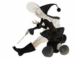  1girl absurdres apple baichuan_baichuan bitten_apple boots chinese_commentary closed_mouth commentary_request dress food food_bite fruit full_body greyscale hat highres holding holding_wand large_hat long_hair long_sleeves looking_afar mini_person minigirl monochrome original procreate_(medium) profile simple_background sitting solo wand witch_hat 