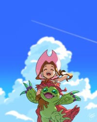  1girl absurdres blue_sky brown_gloves brown_hair clouds contrail cowboy_hat digimon digimon_(creature) digimon_adventure dress flower flower_on_head from_below front-to-back gloves green_eyes hand_on_another's_chest hand_on_headwear hat highres long_hair long_sidelocks open_mouth palmon pink_hat plant_monster red_dress sharp_teeth sidelocks signature sky smile tachikawa_mimi teeth upper_teeth_only zetsuyo_chimayo 