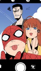  1girl 2boys blue_eyes bodysuit commentary gloves jean_grey long_hair looking_at_viewer marvel multiple_boys orange_hair red_hair short_hair smile spider-man spider-man:_brand_new_day spider-man_(series) superhero_costume the_punisher_(character) the_punisher_(series) tongue tongue_out v wanderjegson x-men 