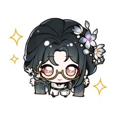  1girl artist_request belt belt_buckle black_belt black_hair black_robe black_shirt black_shoes blush_stickers braid brown_eyes buckle chibi chinese_clothes closed_mouth floral_print flower from_above glasses hair_flower hair_ornament heartboard_crossing_(infinity_nikki) infinity_nikki layered_shirt long_hair long_sleeves looking_at_viewer nikki_(series) official_art outstretched_arms pants parted_bangs print_robe robe round_eyewear semi-rimless_eyewear shirt shoes single_braid smile solo sparkle straight-on tareme transparent_background under-rim_eyewear very_long_hair white_flower white_pants white_shirt wide_sleeves yellow-framed_eyewear 