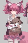  1girl animal_ear_fluff animal_ears arknights grey_background hair_ribbon heart heart-shaped_eyes jacket pantyhose pink_eyes pink_hair ribbon shamare_(arknights) simple_background solo stuffed_animal stuffed_toy timitarcat twintails white_pantyhose 