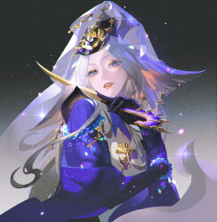  absurdres bead_bracelet beads bracelet character_request eyelashes gem gloves hair_ornament hekouziran highres holding holding_weapon jewelry light_particles lips long_hair long_sleeves looking_at_viewer onmyoji orange_lips parted_lips pearl purple_gloves sparkle upper_body veil violet_eyes weapon white_hair white_veil 