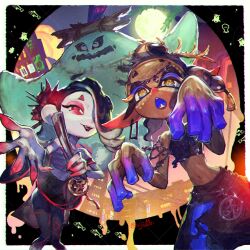  1boy 2girls big_man_(splatoon) black_pants blue_eyes blue_tongue border cityscape colored_extremities colored_skin colored_tongue crop_top dark-skinned_female dark_skin earrings foreshortening frye_(splatoon) full_moon glint halloween halloween_costume hand_fan highres holding holding_fan inkling jewelry midriff moon multicolored_eyes multiple_girls navel night nijimaarc octoling open_mouth pants paper_fan pointy_ears projected_inset red_eyes shiver_(splatoon) sky splatoon_(series) splatoon_3 twitter_username two-tone_eyes white_border white_skin yellow_eyes 
