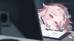 0kizakura 1girl blush commentary drawing_(action) drawing_tablet highres holding holding_stylus indoors long_hair original parted_bangs pink_hair red_eyes solo stylus tears untranslatable_commentary 