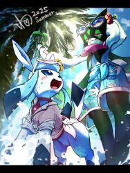  1other 2025 :d applecandy_prpr black_border blue_eyes blue_fur blue_sarong blue_sky blush border bracelet bright_pupils clothed_pokemon eyewear_on_head flower full_body furry glaceon glaceon_(beach) gradient-tinted_eyewear green_fur green_hair hair_flower hair_ornament jewelry looking_at_another meowscarada meowscarada_(beach) open_mouth outdoors palm_tree pawpads pink-tinted_eyewear pink_eyes pink_shirt pokemon pokemon_(creature) pokemon_unite purple-tinted_eyewear red_flower sarong shirt short_tail sky smile standing tail tinted_eyewear towel towel_around_waist tree two-tone_fur wet white-framed_eyewear white_pupils yellow_flower 