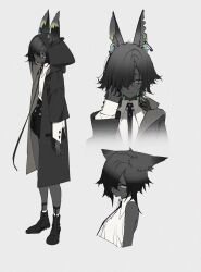  1girl animal_ears ankle_strap black_shoes bukurote coat dark_skin full_body green_eyes hair_over_one_eye highres hood hooded_coat original paperclip shirt shoes short_hair sleeveless solo very_dark_skin white_shirt 