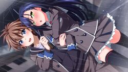  1boy 1girl :d anekouji_naoko anekouji_naoko_to_giniro_no_shinigami averting_eyes black_hair black_shirt black_thighhighs blue_eyes blurry breasts brown_hair buttons collarbone collared_shirt double-breasted double_arm_hug dutch_angle frilled_skirt frills game_asset green_eyes grey_jacket grey_pants grey_skirt hand_in_pocket highres holding holding_umbrella hooded_shirt house jacket jacket_over_hoodie lapels large_breasts long_hair long_sleeves looking_to_the_side mikoshi_matsuri miniskirt necktie non-web_source open_clothes open_jacket open_mouth outdoors pants pleated_skirt rain red_necktie road sailor_collar school_uniform self-datamine shirt short_hair skirt smile standing street thigh-highs umbrella white_shirt 