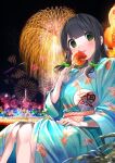  1girl aerial_fireworks animal_print black_hair blue_kimono bow candy_apple chikuwa. closed_mouth commentary_request feet_out_of_frame fireworks fish_print food goldfish_print green_bow green_eyes hair_bow hand_fan highres holding holding_food japanese_clothes kimono long_hair night night_sky obi original outdoors paper_fan print_kimono reflection sash sitting sky solo star_(sky) starry_sky tongue tongue_out uchiwa 