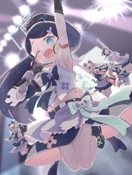  1boy 4girls :d ;d animal_ears ankle_socks antenna_hair aris_(blue_archive) arm_above_head arm_strap arm_up armpits asymmetrical_gloves back_bow backlighting bandaid bandaid_on_knee bandaid_on_leg bare_legs belt belt_buckle biceps black_belt black_bow black_bowtie black_gloves black_hair black_shoes black_sleeves black_socks black_tail blonde_hair bloomers blue_archive blue_eyes blue_halo blue_sailor_collar bow bowtie bright_pupils brooch buckle buttons cat_ears cat_tail commentary_request concert controller crop_top cross cross_brooch cross_print crossdressing crossdressing_(mtf) curled_ends d-pad d-pad_ornament detached_sleeves dot_nose dutch_angle elbow_gloves fake_animal_ears flower_hairpin foot_up_heel_up forehead frilled_skirt frilled_sleeves frills game_controller game_development_department_(blue_archive) gamer_dev_sensei_(blue_archive) gloves green_eyes grey_gloves grey_skirt hair_ornament halo high_ponytail highres holding holding_microphone idol idol_clothes indoors jewelry jumping layered_skirt legs_together long_hair looking_at_viewer microphone midair midori_(blue_archive) midriff miniskirt mismatched_gloves mizu_asato momoi_(blue_archive) multiple_girls muscular muscular_male navel official_alternate_costume official_alternate_hairstyle official_art one_eye_closed one_side_up open_mouth orange_bow parted_bangs paw_print paw_print_pattern pink_bow pink_bowtie pink_hair ponytail print_skirt raised_eyebrows raised_fist rectangular_halo red_eyes ringed_eyes sailor_collar sailor_shirt school_uniform screen sensei_(blue_archive) serafuku shirt shoes short_hair short_sleeves siblings side_slit single_detached_sleeve sisters skirt sleeve_garter sleeveless sleeveless_shirt smile socks solo_focus stage stage_lights sticker sticker_on_face summer_uniform sweat tail textless_cover_page three-quarter_sleeves twins twintails waist_bow white_bloomers white_pupils white_shirt wide-eyed yuzu_(blue_archive) 