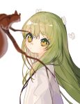  1boy androgynous animal bangs blurry branch bug butterfly butterfly_on_head character_request check_character curious depth_of_field enkidu_(fate) fate/grand_order fate_(series) floating_hair green_hair jewelry long_hair looking_afar looking_at_animal looking_at_viewer looking_to_the_side male_focus pendant robe rocco simple_background solo squirrel upper_body white_background white_robe yellow_eyes 
