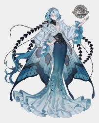  1boy absurdres androgynous antennae armillary_sphere black_collar black_corset blue_gem blue_nails blue_skirt call_of_cthulhu cape collar commentary_request corset curtained_hair eyes_visible_through_hair frilled_shirt frilled_sleeves frills full_body gem genkai_otaku_ya hair_ornament hair_over_one_eye hand_on_own_hip hand_up high_heels highres hobble_skirt insect_wings lace_collar laplace_no_quarters long_hair long_skirt looking_at_viewer male_focus moth_wings mullet nail_polish object_floating_above_hand orange_gem orange_hair parted_lips pearl_hairband plunging_neckline see-through_clothes see-through_skirt shirt shoes simple_background skirt smile solo standing very_long_hair white_background white_cape white_shirt white_shoes wing_cape wing_hair_ornament wings 