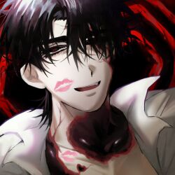 1boy alien_stage black_background black_eyes black_hair collared_shirt commentary english_commentary fang highres ice.breadd ivan_(alien_stage) lipstick_mark lipstick_mark_on_face looking_up male_focus open_mouth red_background red_pupils shirt short_hair solo thick_eyebrows white_shirt zombie_stage 