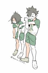  2boys aged_down arms_up blush_stickers child closed_eyes commentary cross-body_stretch green_shirt grey_shorts gym_uniform haikyuu!! highres kozume_kenma kuroo_tetsurou male_focus multicolored_shirt multiple_boys open_mouth parted_bangs raglan_sleeves shirt shoes short_hair shorts side-by-side simple_background smile standing tamoto_(loretta) triangle_mouth twitter_username untranslatable_commentary very_short_hair white_background white_shirt 