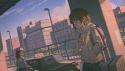  2girls absurdres backpack bag black_pants black_skirt blue_eyes brown_hair brown_jacket building can car cityscape closed_mouth commentary_request cowboy_shot drink_can dutch_angle evening hat highres holding holding_can hood hood_down hoodie hyxifeng jacket lamppost layered_sleeves long_sleeves motor_vehicle multiple_girls open_clothes open_jacket original outdoors pants pillar pleated_skirt scenery shirt short_hair skirt smile solo_focus standing suitcase taxi white_hat white_hoodie white_shirt 