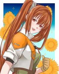 1girl absurdres antenna_hair brown_hair cropped_jacket double-parted_bangs eiyuu_densetsu estelle_bright flower hair_intakes happy_birthday highres looking_at_viewer open_mouth red_eyes runrui_kaku simple_background solo sora_no_kiseki sunflower twintails 