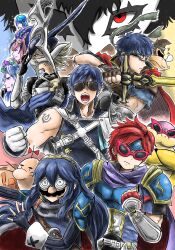  2girls 6+boys amamiya_ren azura_(fire_emblem) black_hair blue_hair brand_of_the_exalt chrom_(fire_emblem) clenched_hand commentary_request creature crossed_arms donkey_kong donkey_kong_(series) doseisan fake_facial_hair fake_mustache fingerless_gloves fire_emblem fire_emblem:_path_of_radiance fire_emblem:_the_binding_blade fire_emblem_awakening fire_emblem_fates gloves groucho_glasses highres holding holding_sword holding_weapon ike_(fire_emblem) joker_(persona_5) kicdon long_hair lucina_(fire_emblem) male_corrin_(fire_emblem) mask masked mother_(series) mother_2 multiple_boys multiple_girls nose_bubble open_mouth persona persona_5 ragnell red_eyes red_hair roy_koopa ryoma_(fire_emblem) short_hair sleeping sunglasses super_mario_bros. super_smash_bros. sword weapon xander_(fire_emblem) zzz 