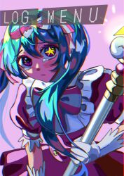 1girl :/ aqua_hair bib_collar blush bow bow_hairband bowtie chromatic_aberration closed_mouth commentary_request double-parted_bangs dress english_text eyeliner frilled_shirt_collar frills frown furrowed_brow gloves glowing hair_ornament hair_ribbon hairband hatsune_miku highres holding holding_staff ima_sugu_rinne_(vocaloid) long_hair looking_at_viewer mage_staff magical_girl makeup mismatched_pupils mita_(pixiv_71317254) options pink_bow pink_bowtie pink_dress pink_eyeliner pink_eyes pink_hairband pixel_text puffy_short_sleeves puffy_sleeves purple_background raised_inner_eyebrows ribbon sad short_sleeves sidelighting simple_background solo staff star-shaped_pupils star_(symbol) star_hair_ornament striped_bow striped_bowtie striped_clothes striped_ribbon symbol-shaped_pupils tearing_up tears twintails upper_body upturned_eyes variant_set vocaloid white_bow white_gloves yellow_pupils 