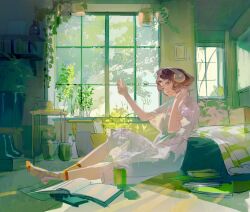  1girl book bookshelf brown_hair checkered_socks day dress green_theme headphones highres indoors mul0727mul original plant potted_plant red_eyes short_hair sitting socks solo white_dress window 
