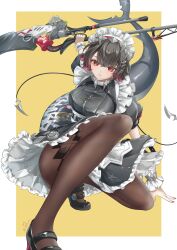  1girl absurdres apron black_hair black_pantyhose breasts chain commentary_request dated ellen_joe fins fish_tail frilled_apron frilled_hairband frills hair_between_eyes hairband high_heels highres holding holding_scissors holding_weapon large_breasts maid maid_apron maid_headdress orange_eyes orange_nails pantyhose puffy_short_sleeves puffy_sleeves red_hair scissors shark_girl shark_tail short_hair short_sleeves solo suzumochi tail waist_apron weapon white_apron zenless_zone_zero 