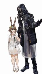  1girl 1other :d absurdres aged_down amiya_(arknights) amiya_(young)_(arknights) animal_ears arknights arm_behind_back black_coat black_gloves blue_eyes brown_hair cape choker coat commentary doctor_(arknights) dress full_body gloves grey_robe highres hood hood_up hooded_coat light_blush looking_at_another open_clothes open_coat open_mouth robe sea_onion0023 short_hair sidelocks simple_background smile socks standing white_background white_cape white_choker white_dress white_socks 