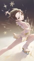  1girl absurdres brown_eyes brown_hair child commentary_request dress figure_skating_dress hair_ornament highres ice_skates ice_skating looking_at_viewer medalist_(manga) motion_blur open_mouth outstretched_arms shoes skates skating snowflakes solo spread_arms star_(symbol) star_hair_ornament white_dress white_shoes yecheng_anhunqu_(bilibili_1454316466) yuitsuka_inori 