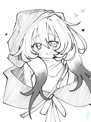  1girl absurdres animal_ears arknights blush commentary_request dosei_no_kozika dress floppy_ears greyscale heart hierda_(arknights) highres hood hood_up looking_at_viewer monochrome rabbit_ears rabbit_girl solo upper_body 