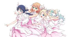  3girls 6th_live_dream_~bloom_garden_party~ :d ;d aoiao aqua_eyes blonde_hair blue_eyes blue_hair bow clothing_cutout commentary_request dress flower_stand_art frilled_dress frilled_gloves frilled_sleeves frills gloves gradient_hair grin hair_bow hasu_no_sanrenka highres hinoshita_kaho link_to_the_future_(love_live!) long_hair love_live! love_live!_hasu_no_sora_jogakuin_school_idol_club low_twintails medium_hair multicolored_hair multiple_girls murano_sayaka one_eye_closed open_mouth orange_hair osawa_rurino outstretched_arms pink_dress short_sleeves shoulder_cutout simple_background sleeveless sleeveless_dress smile spread_arms teeth twintails two_side_up upper_teeth_only v virtual_youtuber white_background white_bow white_gloves 