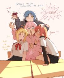  4girls @_@ absurdres ahoge arm_hug black_skirt blonde_hair blue_eyes blue_hair bocchi_the_rock! bow bowtie closed_eyes cube_hair_ornament cup detached_ahoge english_text gotoh_hitori green_eyes grey_shirt hair_ornament hand_on_another's_head highres holding holding_cup ijichi_nijika juice kessoku_band kita_ikuyo layered_sleeves long_sleeves machuuu68 multiple_girls one_side_up open_mouth pink_hair pink_track_suit polka_dot polka_dot_bow polka_dot_bowtie red_bow red_bowtie red_hair shaking shirt short_over_long_sleeves short_sleeves side_ahoge side_ponytail sitting skirt spilling teeth track_suit upper_teeth_only white_shirt yamada_ryo yellow_eyes yuri 