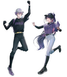  1boy 1girl arm_up baseball_cap baseball_uniform belt black_belt black_gloves black_hair black_hat black_pants black_shirt black_shoes black_socks black_undershirt bow braid clenched_hand commentary_request earrings feather_earrings feathers full_body gloves green_eyes hat hat_bow high_ponytail highres holding holding_notebook jewelry kneehighs long_hair long_sleeves looking_at_viewer meloco_kyoran multicolored_hair nail_polish nijisanji nijisanji_en nijisanji_koshien notebook official_alternate_costume official_art open_mouth pants pink_eyes pink_hair ponytail purple_hair purple_nails purple_shirt purple_shoes purple_streaks sakaki_ness shirt shoes short_hair short_sleeves simple_background smile socks sportswear streaked_hair stud_earrings tsuta1218 virtual_youtuber white_background white_bow white_hat white_pants yellow_belt 