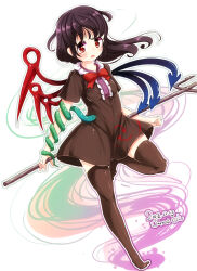  1girl asymmetrical_wings black_hair blue_wings bow bowtie breasts brown_dress brown_thighhighs commentary_request dated dress full_body furim highres houjuu_nue long_hair looking_at_viewer open_mouth polearm red_bow red_bowtie red_eyes red_wings short_sleeves signature skindentation small_breasts snake solo thigh-highs thighs touhou trident weapon wings 
